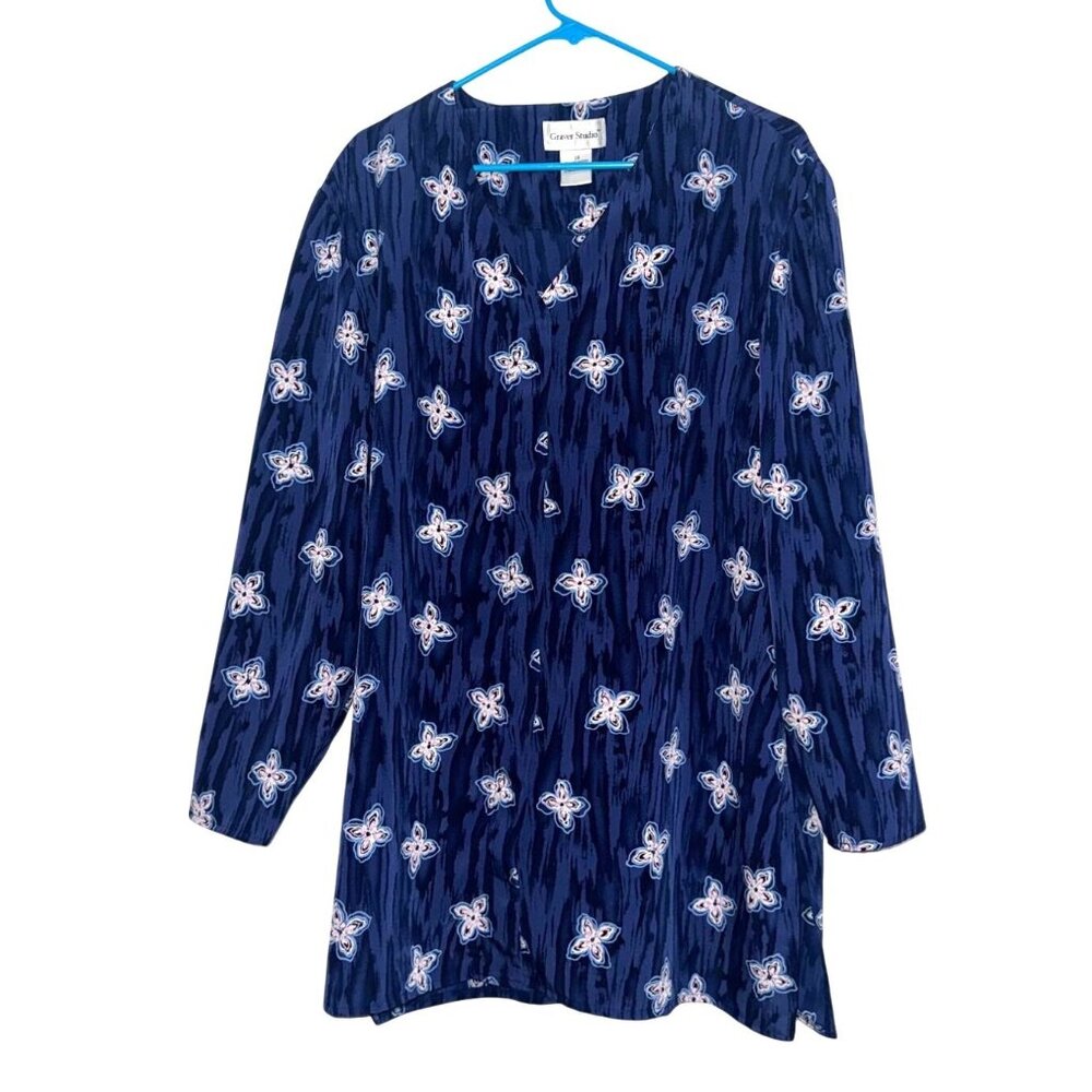 Graver Studio Womens Navy Blue Floral Print Button-Up Blouse 1X 100% Polyester M